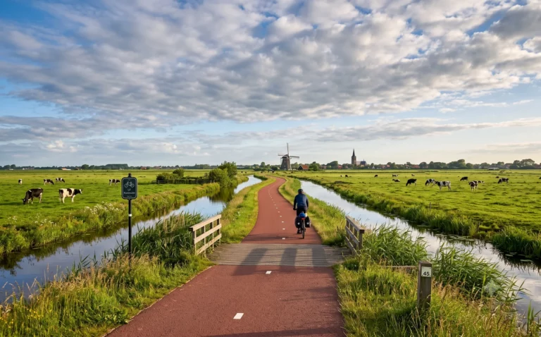 Smal fietspad van rood asfalt tussen twee sloten door groene weilanden, met molen en kerktoren in de verte