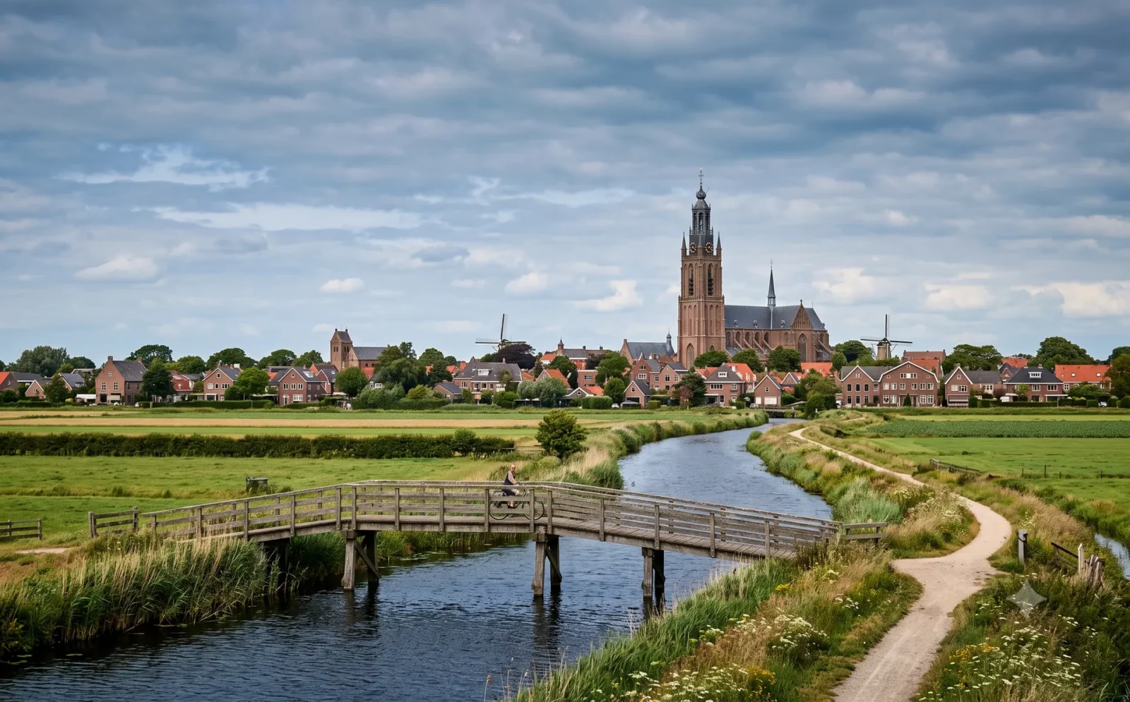 Skyline van een Nederlands stadje met kerktoren over vlakke velden