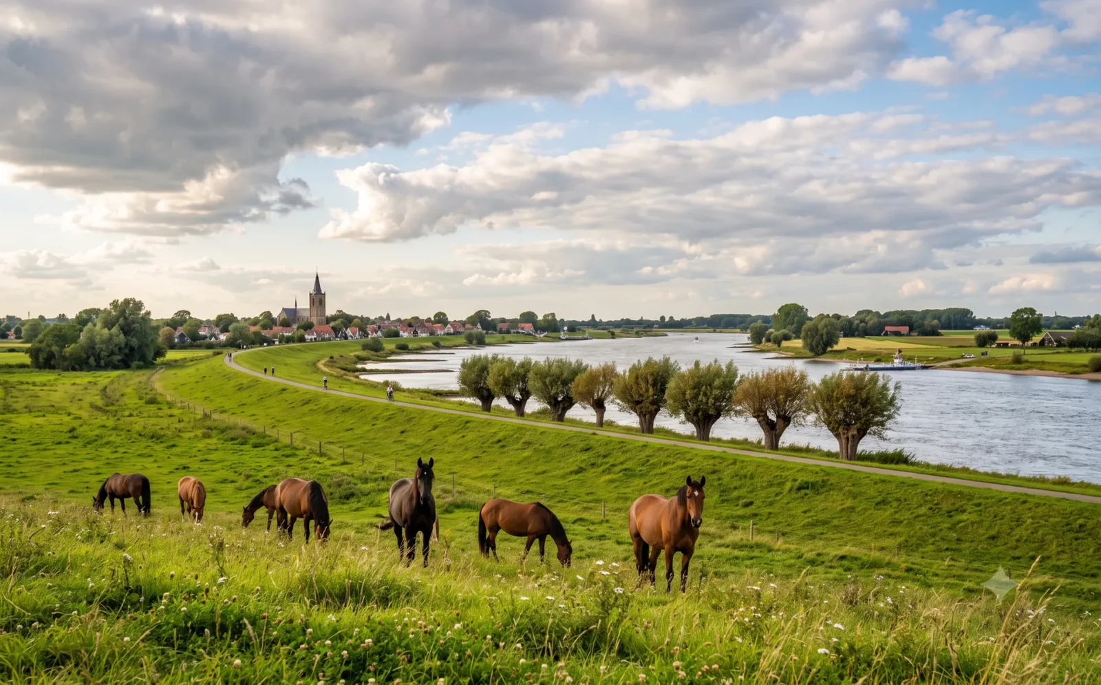 Uiterwaard met grazende paarden langs een brede Nederlandse rivier