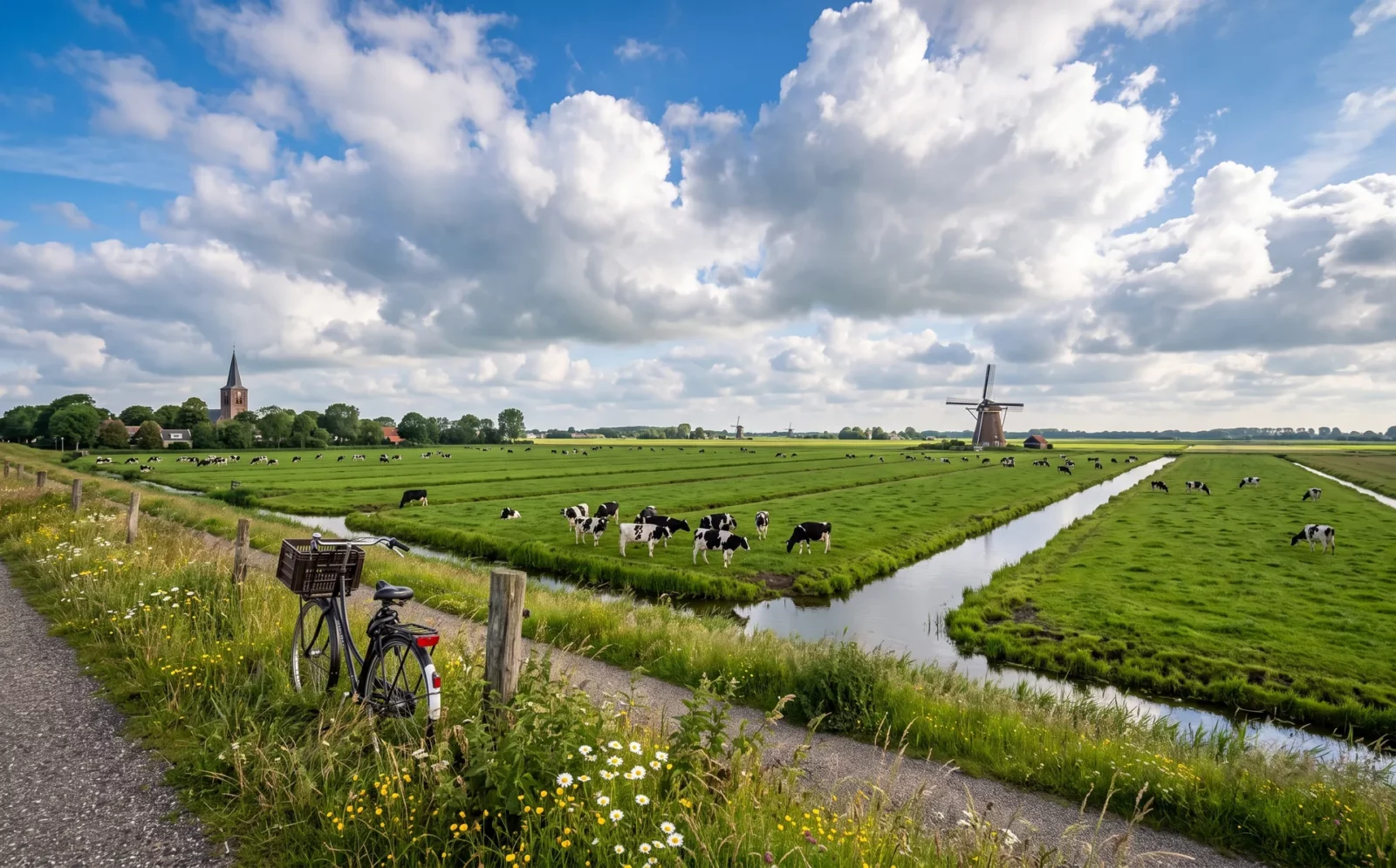 Vlak polderlandschap met sloten, koeien, een molen en dorpskerktoren onder hoge stapelwolken