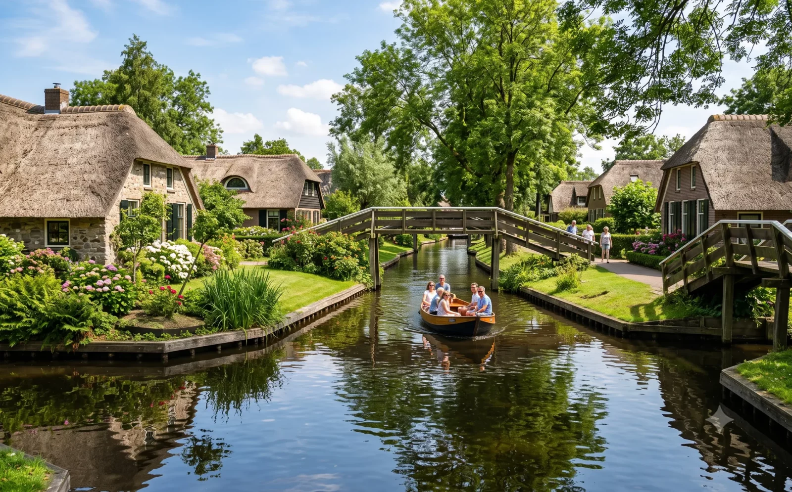 Smalle vaart met houten boogbruggetjes en rieten daken in Giethoorn