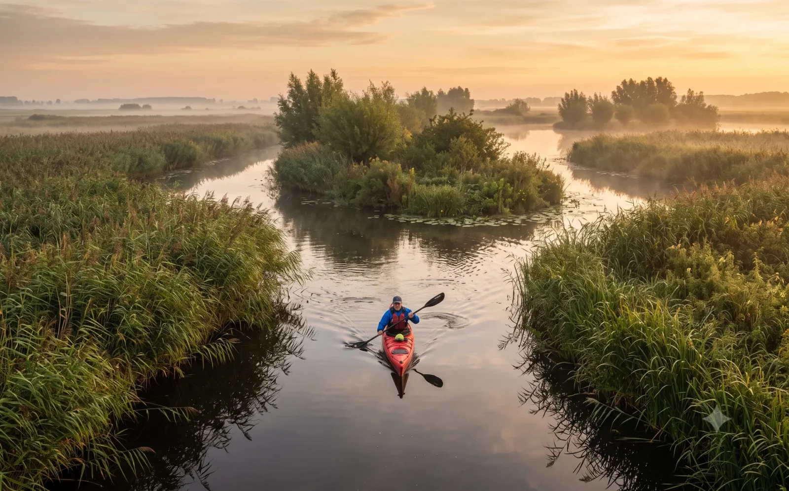 Kajak op spiegelglad polderwater tussen hoge rietkragen in ochtendnevel