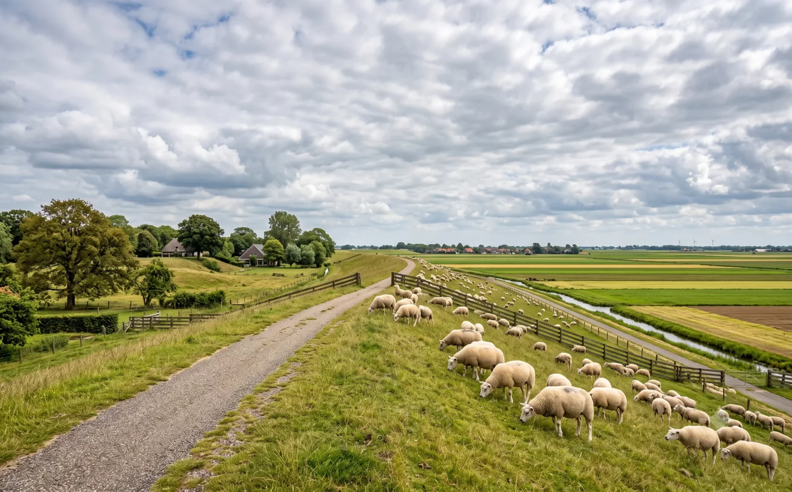 Oude zeedijk met schapen tussen hoog oud land en lage polderkavels