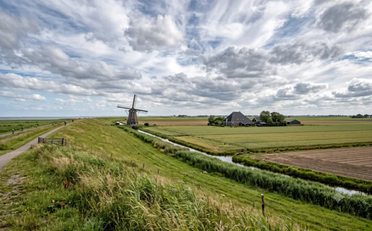 Open polderlandschap met dijk, molen en stolpboerderij onder brede wolkenlucht in de Kop van Noord-Holland