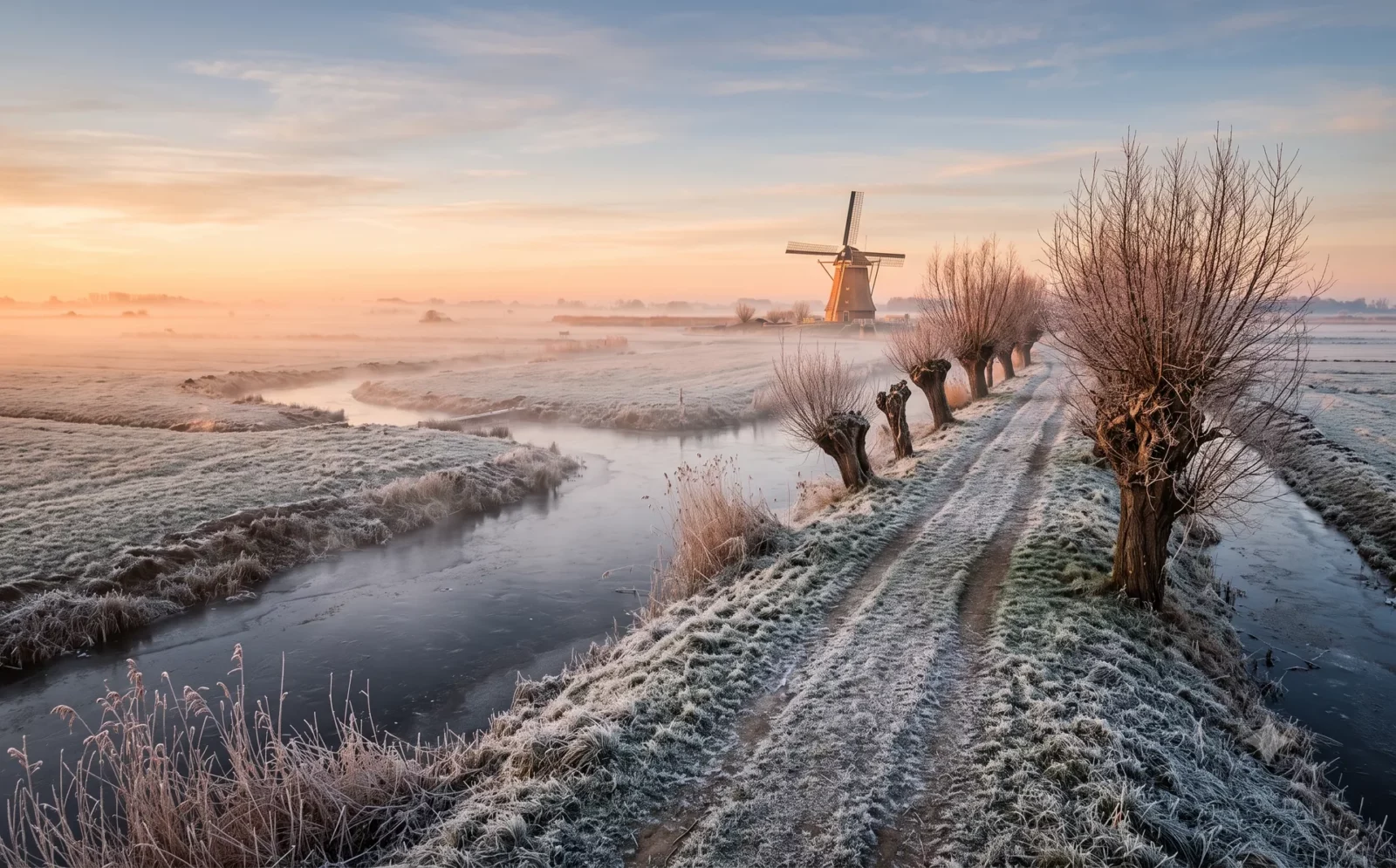 Winters polderlandschap met rijp, mist en kale knotwilgen