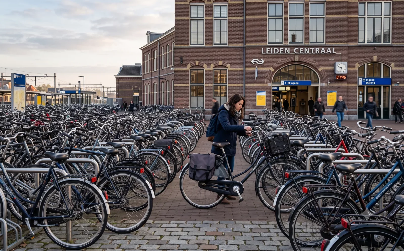 Fietsenrek vol geparkeerde fietsen voor een Nederlands treinstation