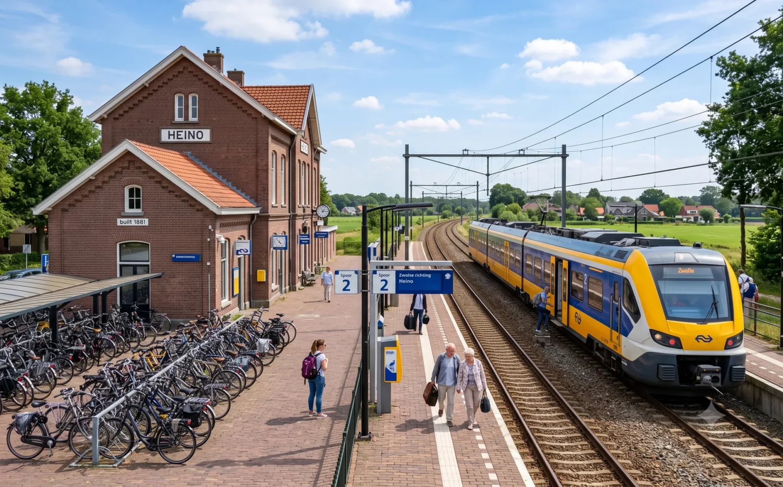 Gele-blauwe trein langs het perron van een Nederlands plattelandsstation met vol fietsenrek