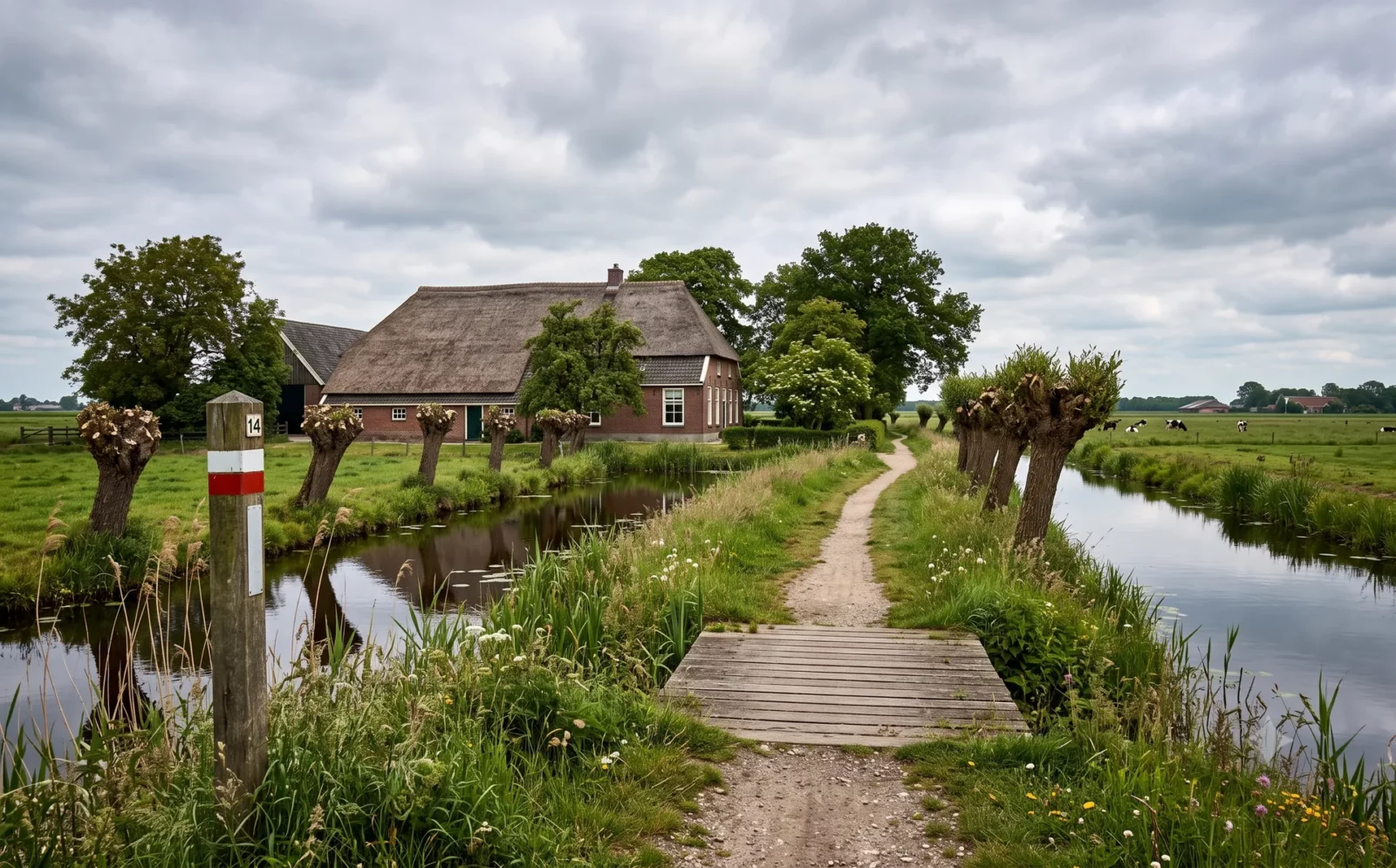 Voetpad langs een boerderij met rieten dak en knotwilgen