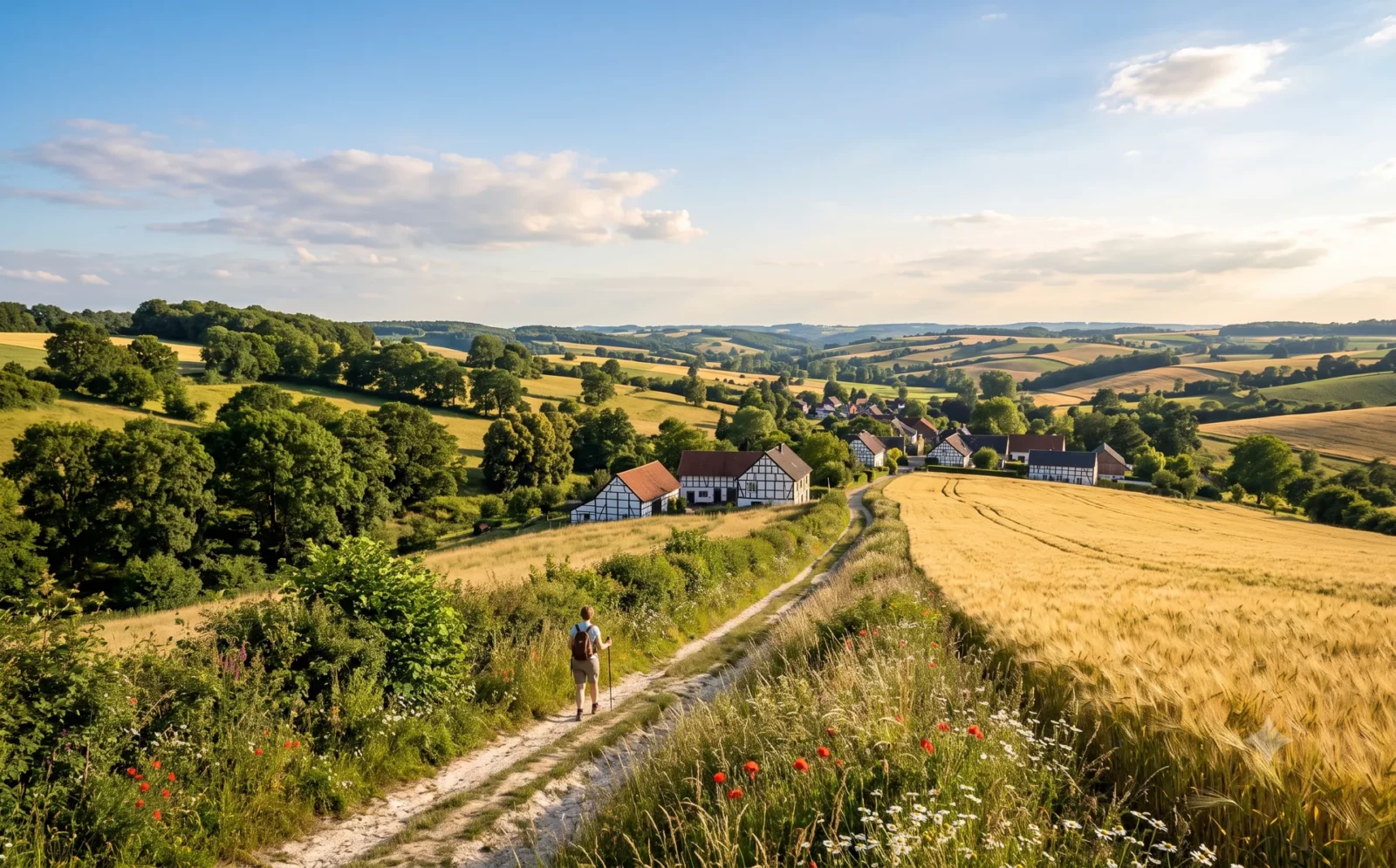 Glooiend heuvellandschap met graanvelden en holle wegen in Zuid-Limburg