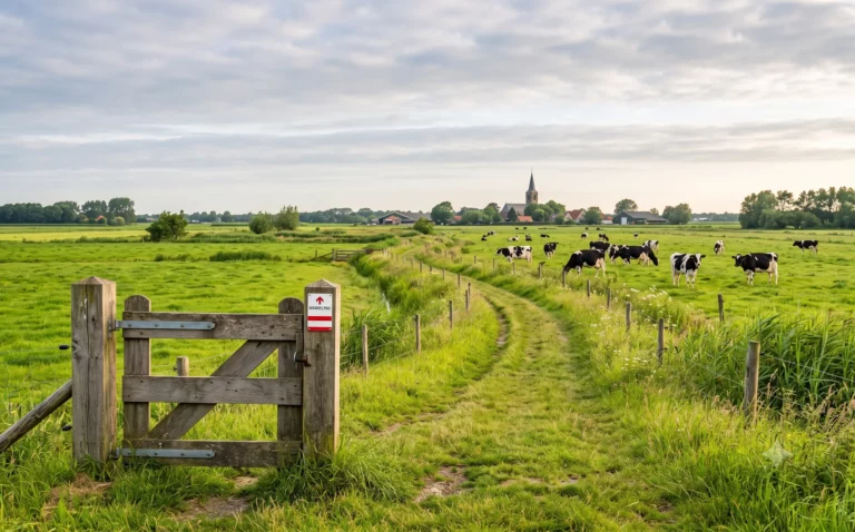 Graspad met houten klaphek en wit-rode padmarkering door Nederlands boerenland