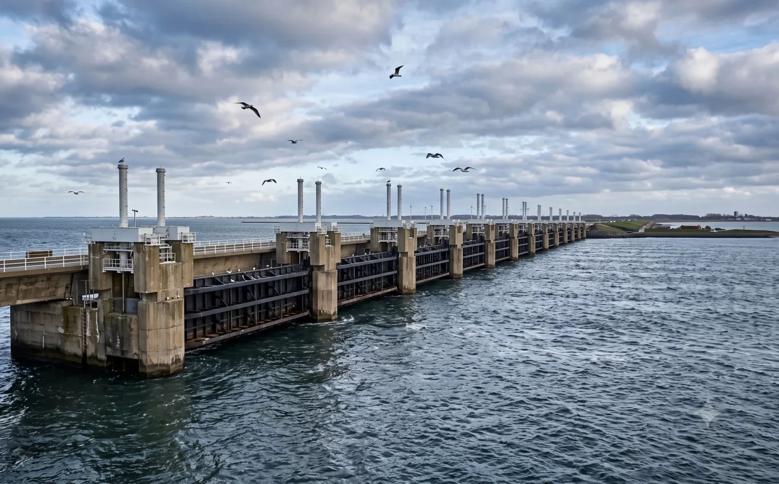 Stormvloedkering met betonnen pijlers over de Oosterschelde