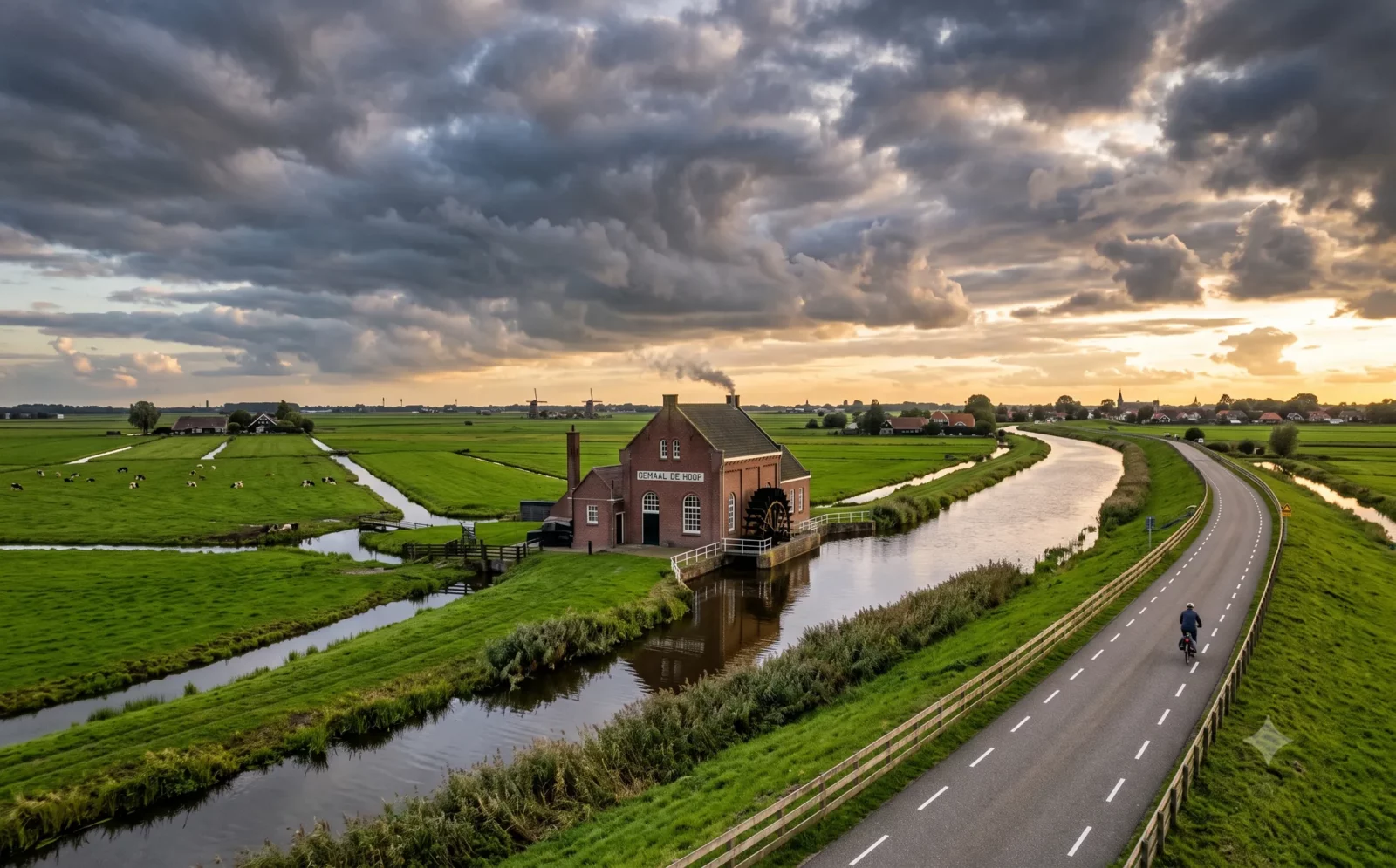 Poldergemaal aan een boezemvaart die hoger ligt dan het omringende weiland, onder dramatische wolkenlucht