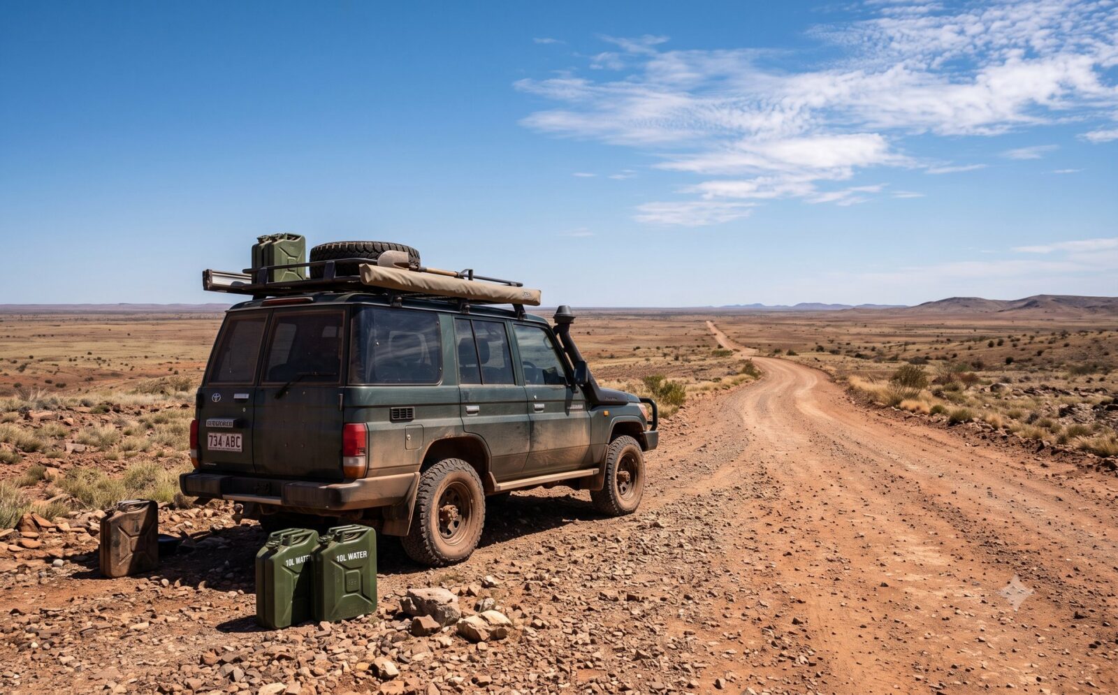 Eenzame auto stilstaand langs een verlaten outbackweg met een wijde lege vlakte en zichtbare jerrycans met water onder een harde middagzon
