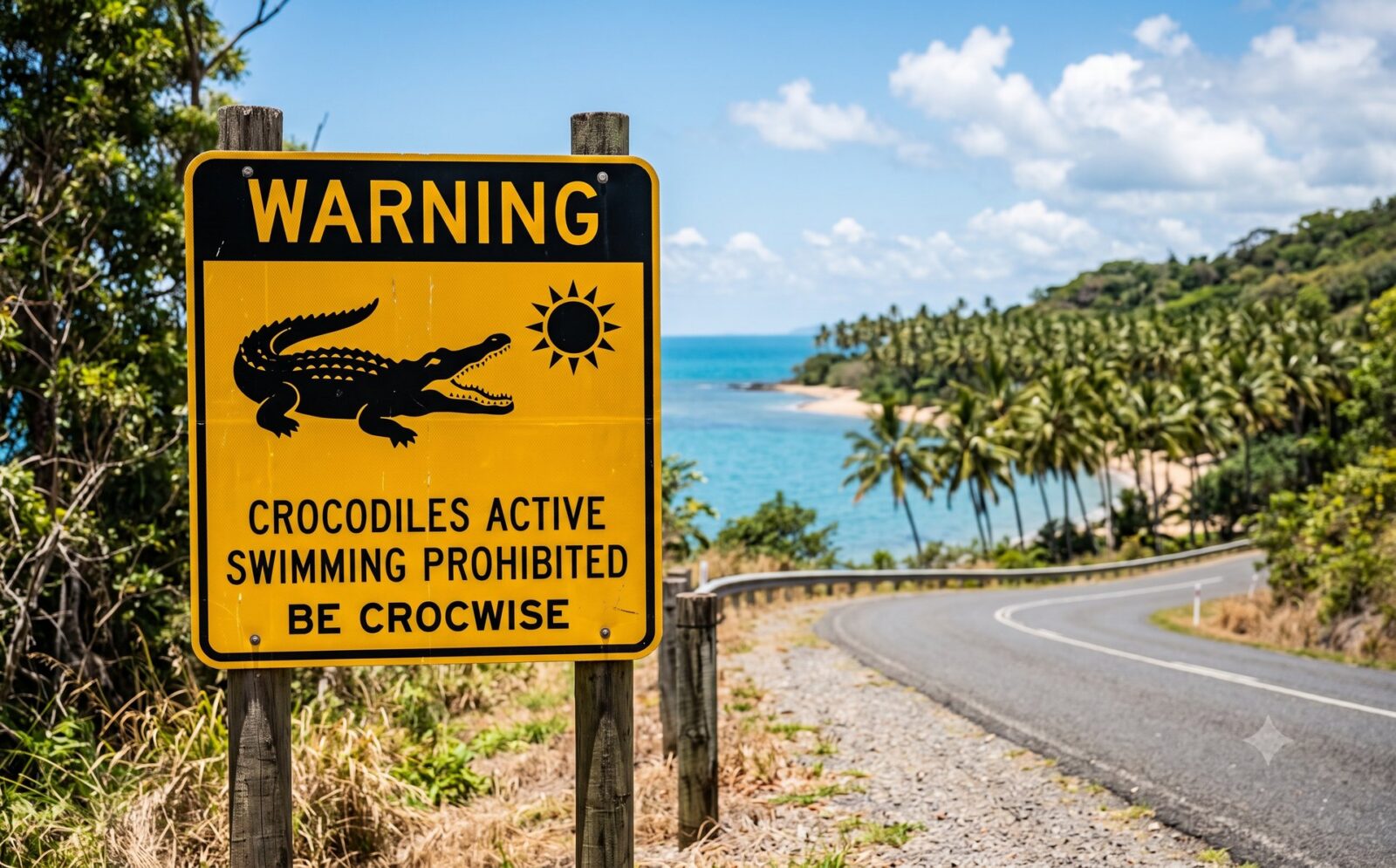 Geel-zwart Australisch waarschuwingsbord met een krokodil- en zonpictogram langs een tropische kustweg met palmen en zee