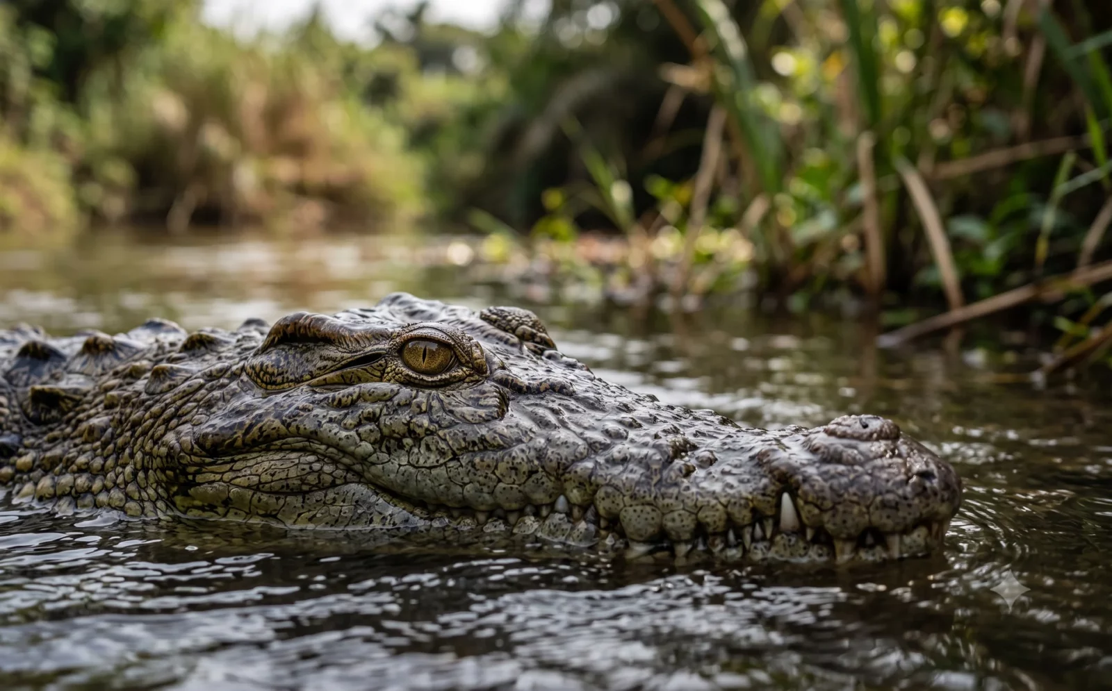 Close-up van de kop van een West-Afrikaanse krokodil in ondiep water