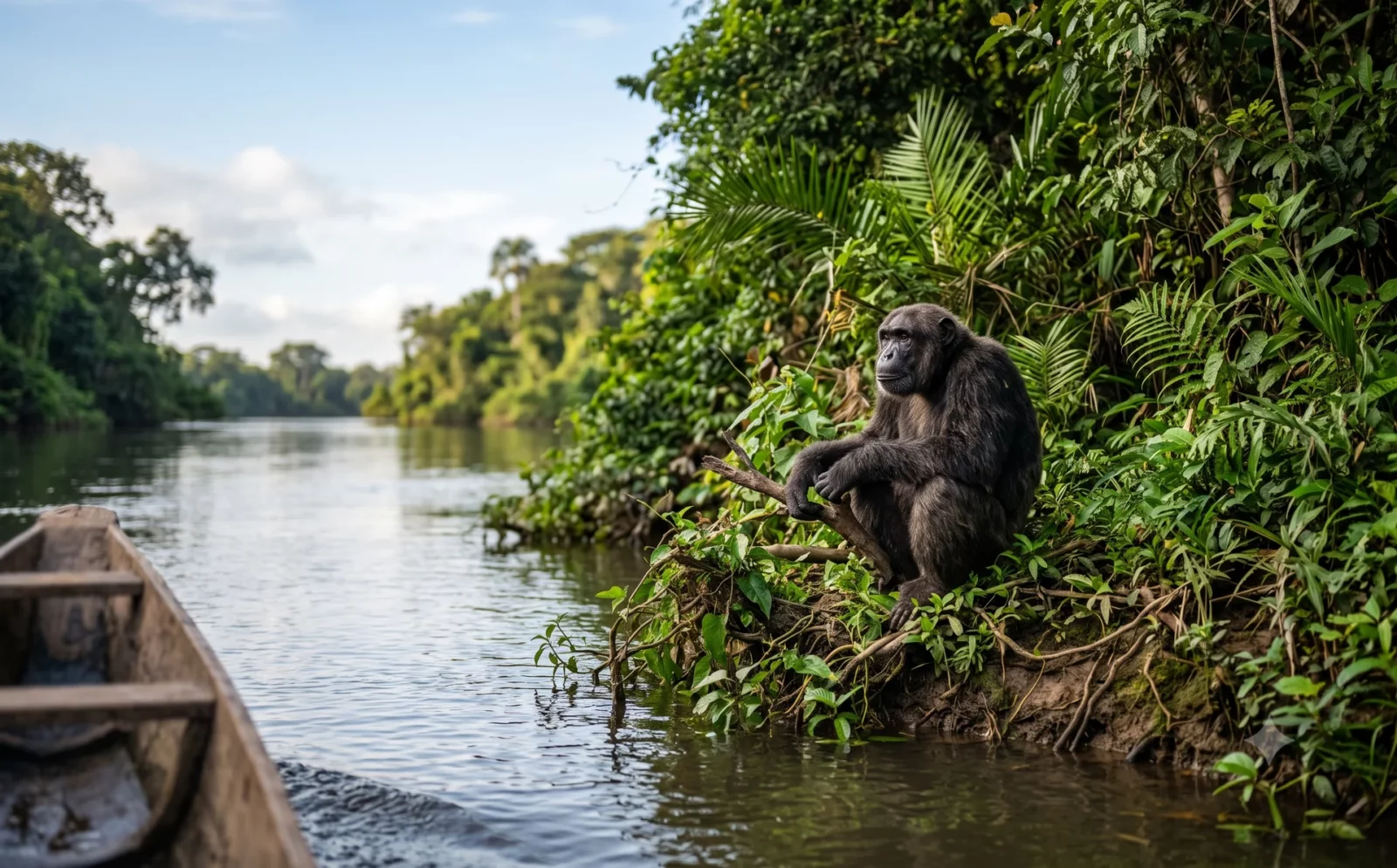 Chimpansee aan de begroeide waterkant van een riviereiland in de Gambia-rivier