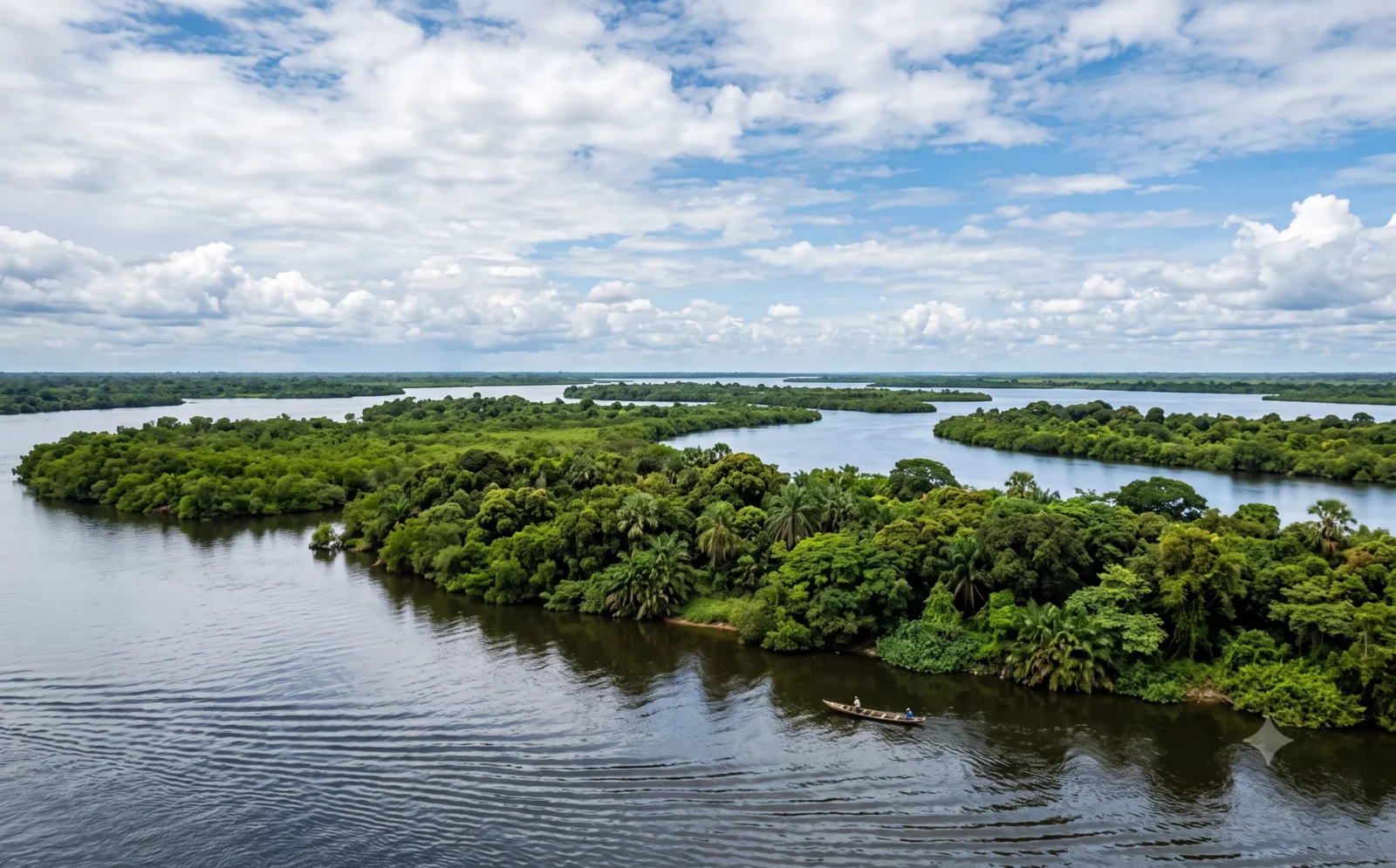 Groene beboste eilanden in de brede Gambia-rivier, gezien vanaf het water
