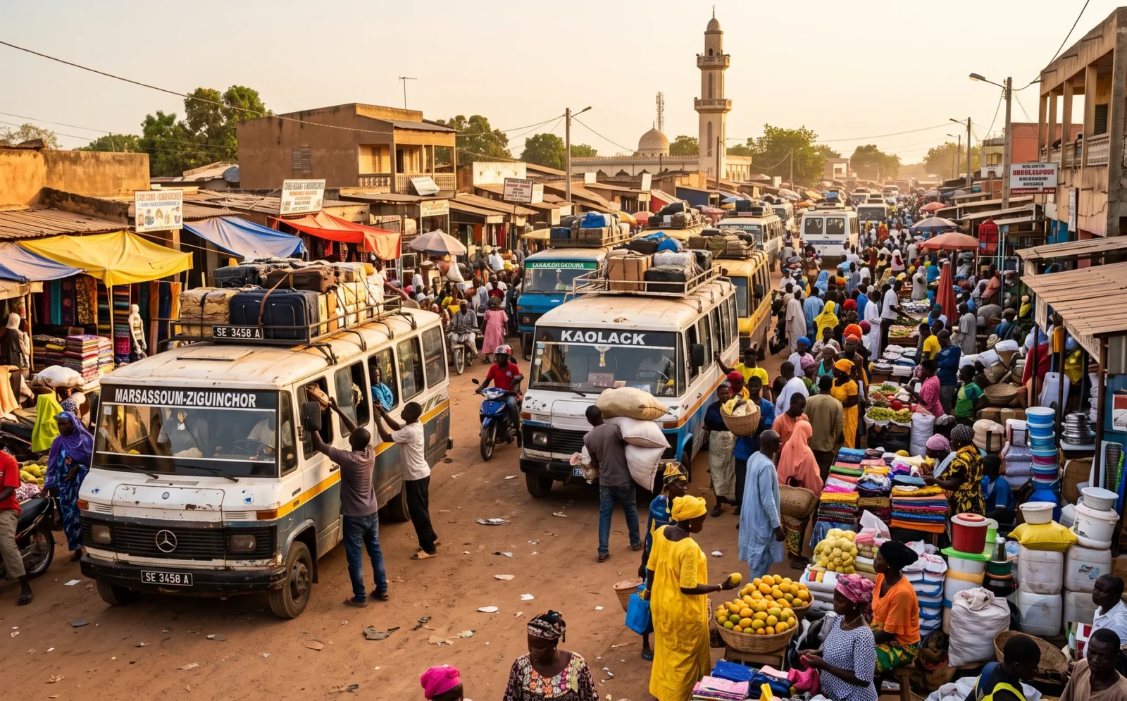 Druk marktknooppunt met volgeladen taxi-brousse-minibusjes in Marsassoum, Senegal
