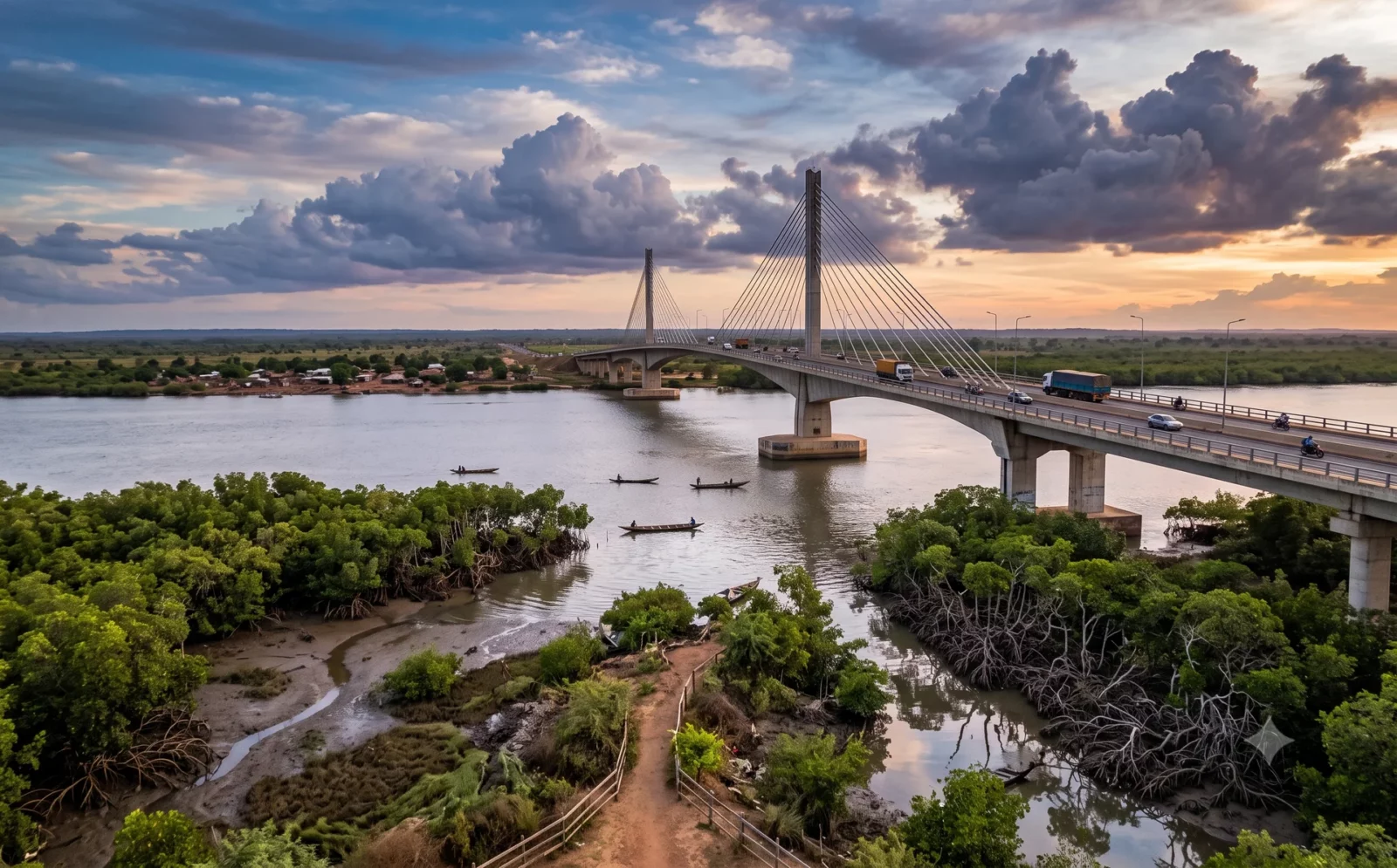 Lange moderne brug over de brede Gambia-rivier met mangrove langs het water