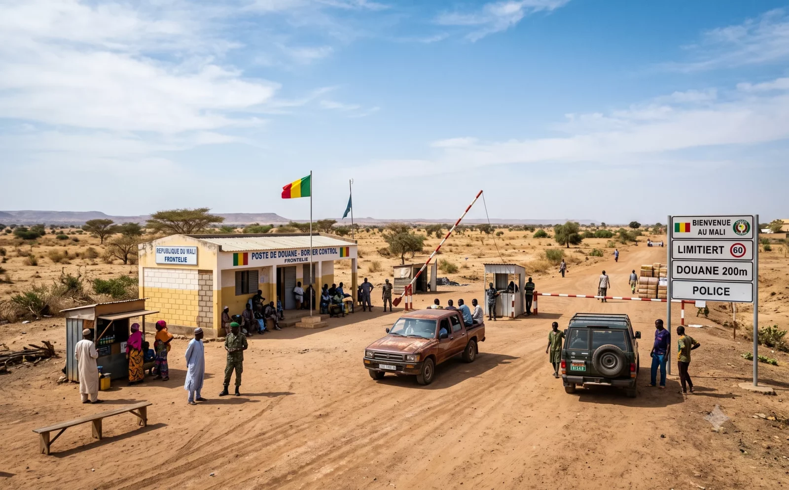 Eenvoudige West-Afrikaanse grensovergang met slagbomen, grenskantoor en borden