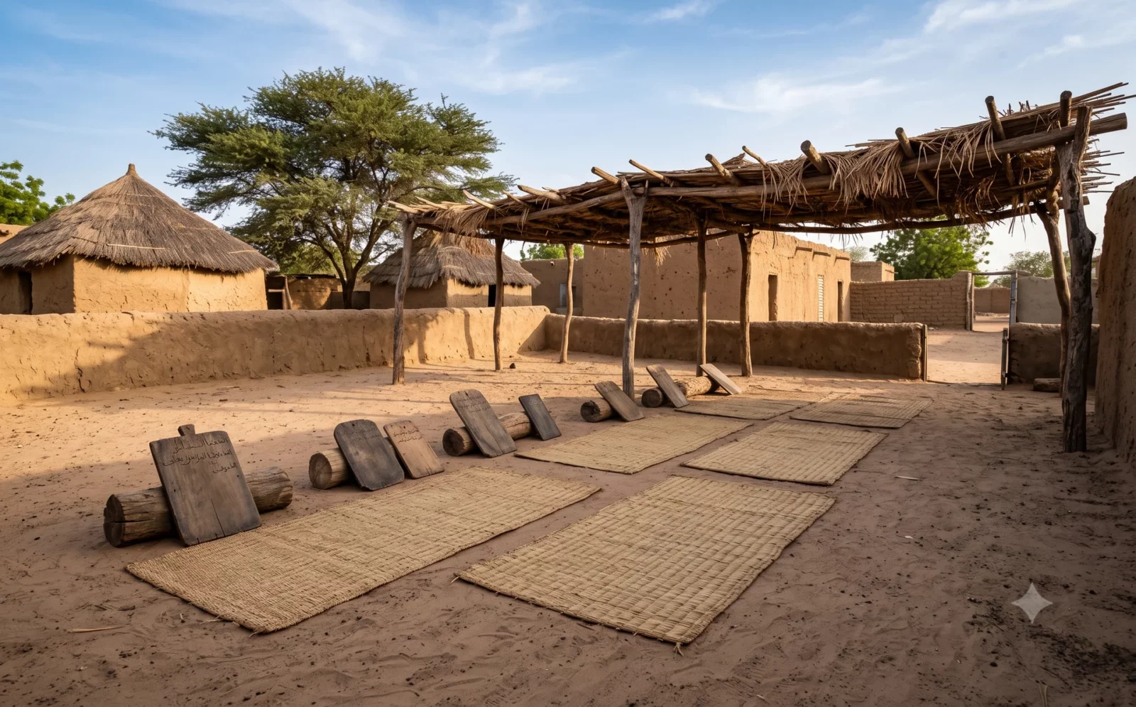 Lege zandbinnenplaats van een West-Afrikaanse koranschool met matten en houten tabletten
