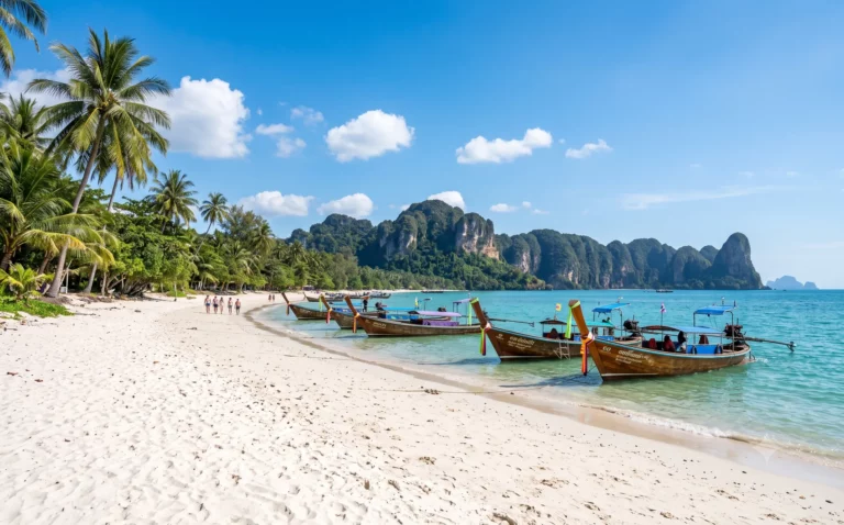 Zonovergoten tropisch Thais strand in het droge seizoen met wit zand, palmen en longtailboten
