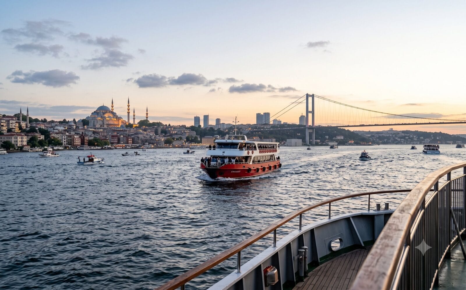 Panoramisch zicht op Istanbul met de Bosporus en Aziatische oever bij schemering
