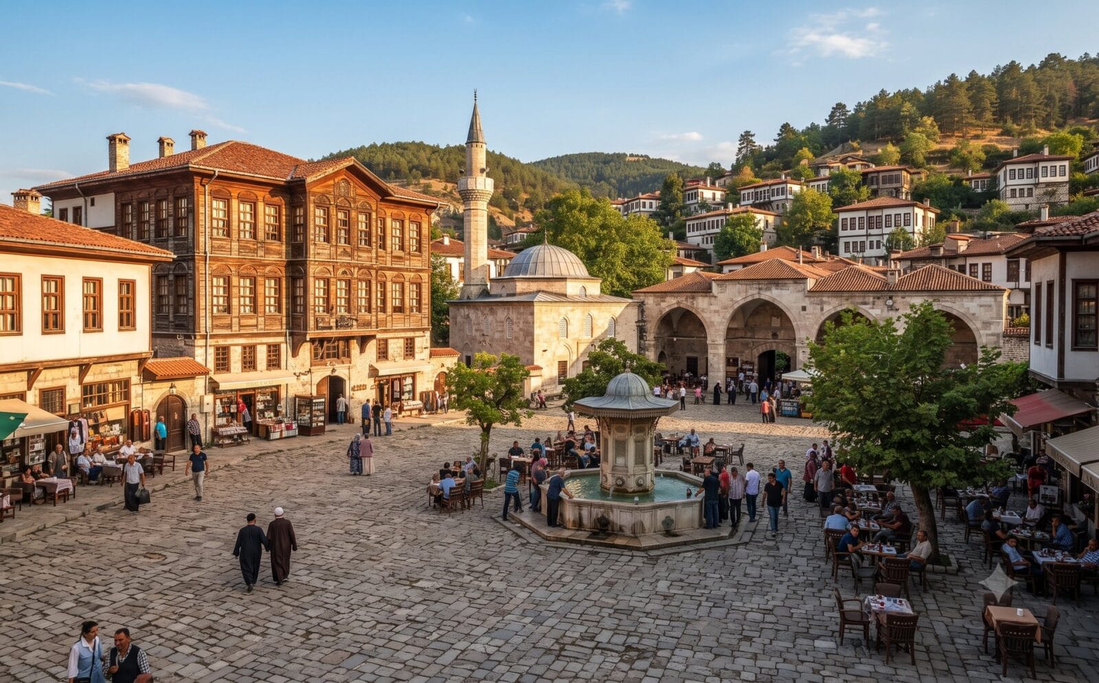 Skyline van een Turkse stad met Ottomaanse koepels en minaretten