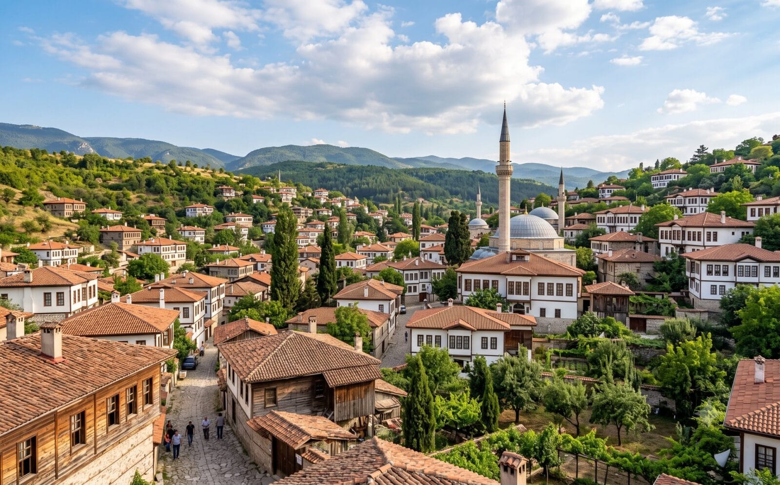 Panorama over het historische centrum van Safranbolu met traditionele Ottomaanse houten huizen