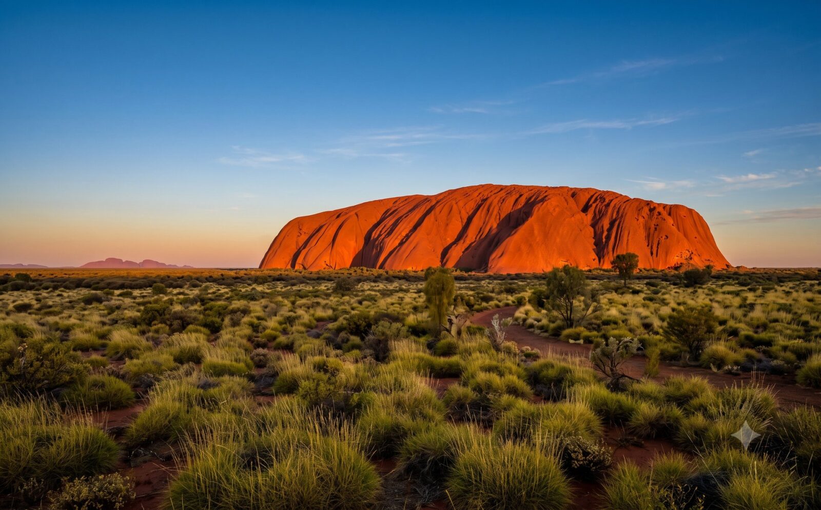 Uluru, de grote zandsteenmonoliet, die bij zonsondergang diep oranjerood oplicht boven een vlakte met spinifex onder een strakblauwe lucht