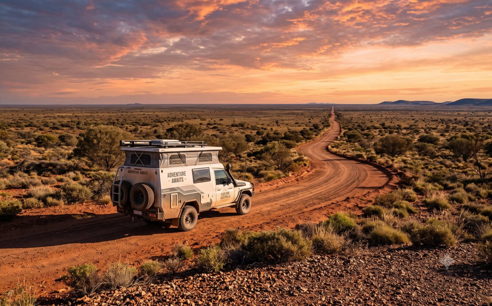 Campervan op een verlaten outbackweg die naar een lege horizon leidt in warm avondlicht met een lange schaduw