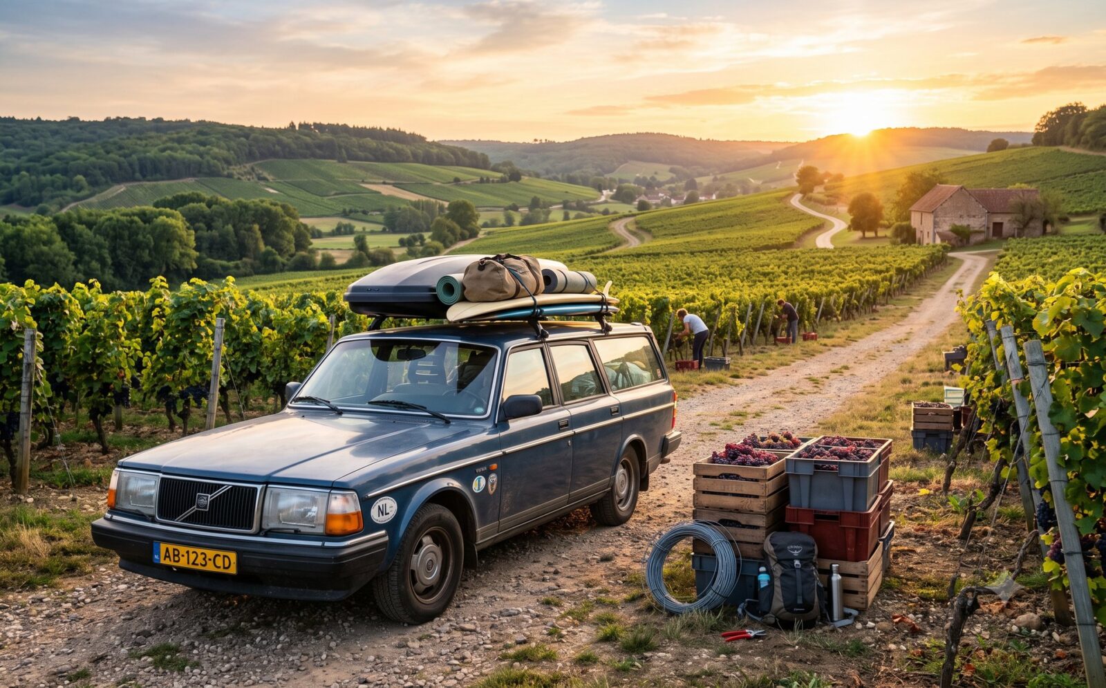 Backpacker-stationwagen met dakspullen naast een wijngaard bij zonsopgang met volle plukkratten ernaast