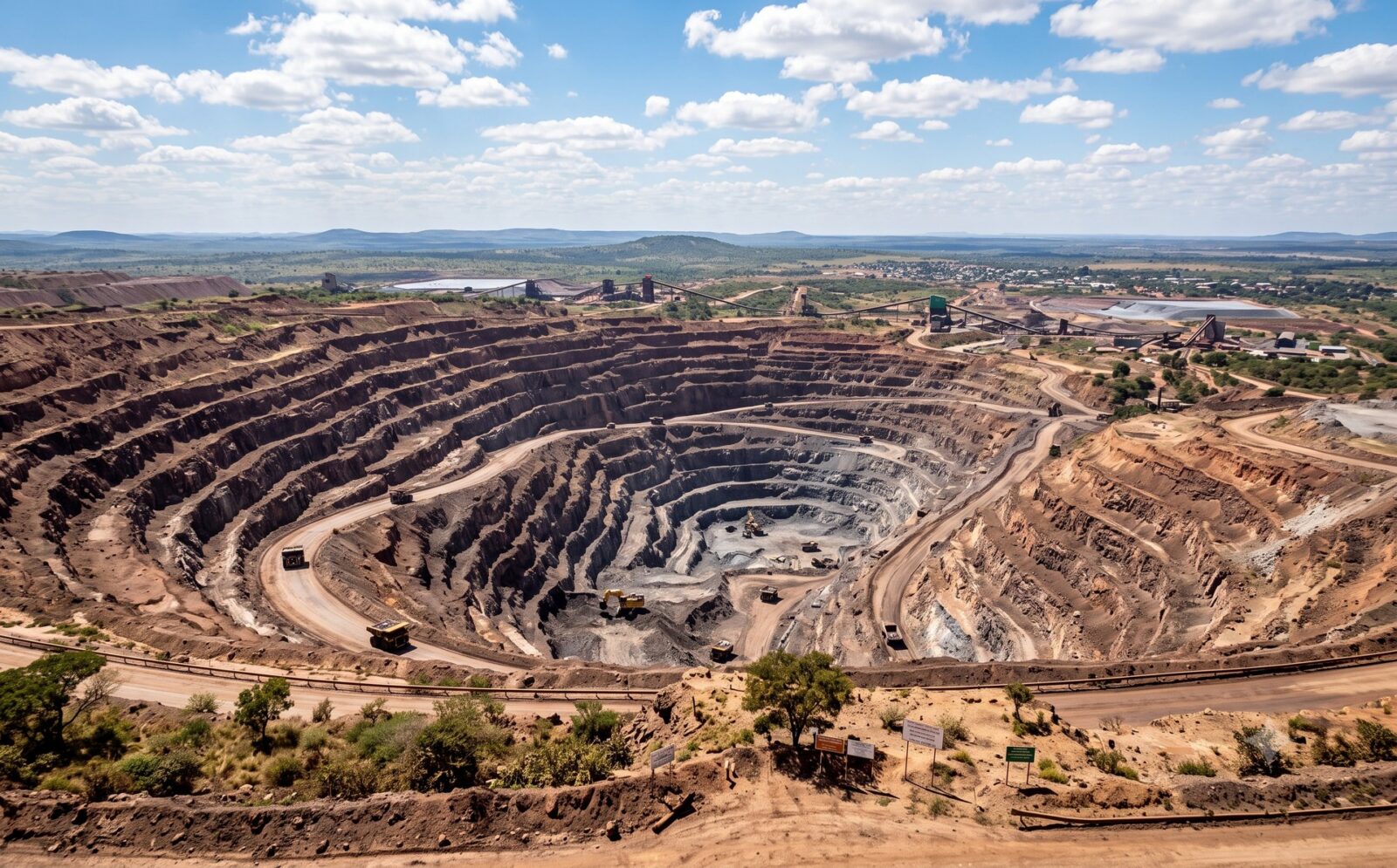 Enorme open kopermijn in de Copperbelt met terrasvormige roodbruine groevewanden en mijnbouwmachines