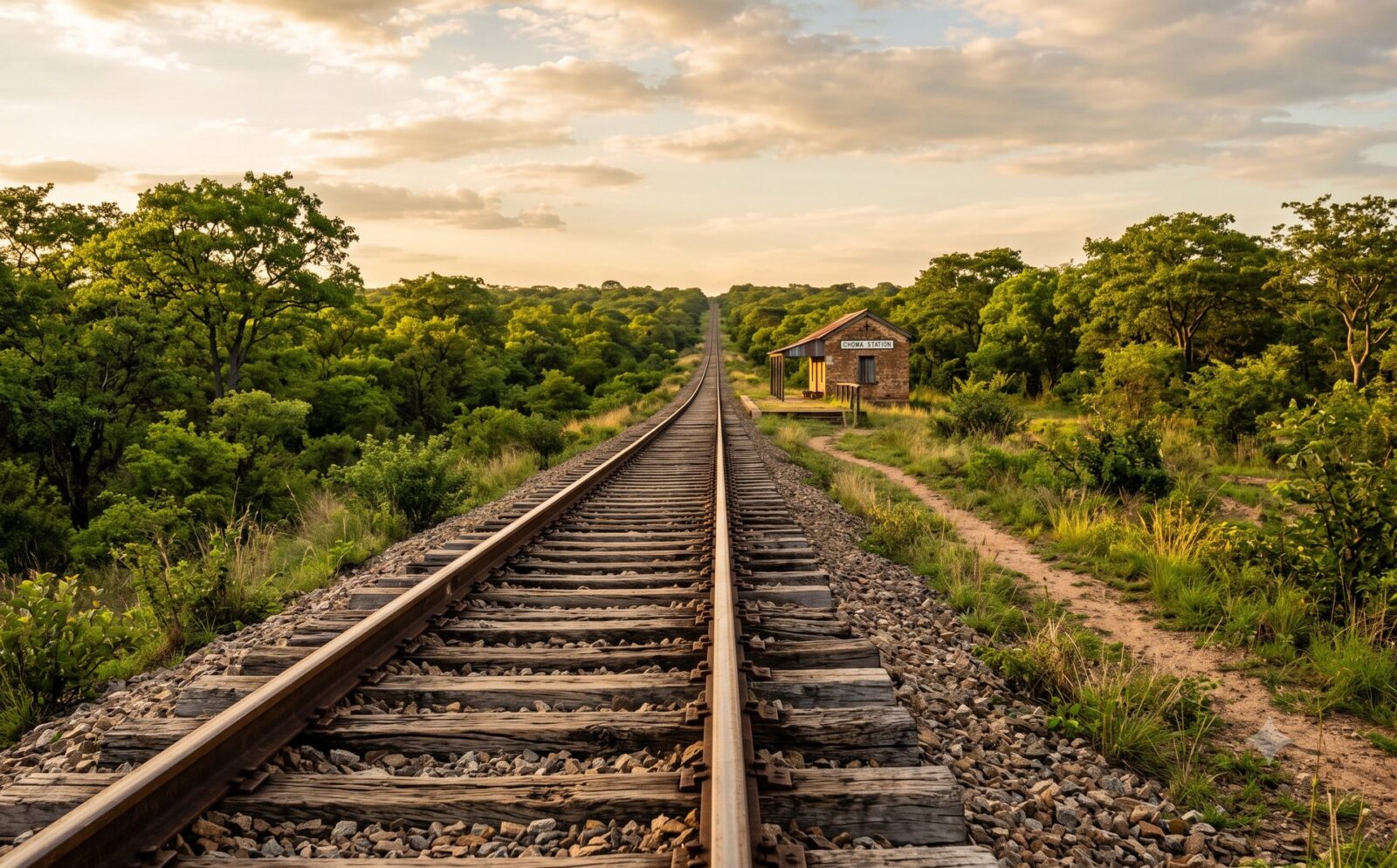 Oude koloniale enkelspoor-spoorlijn die kaarsrecht door groen miombo-landschap richting de horizon loopt