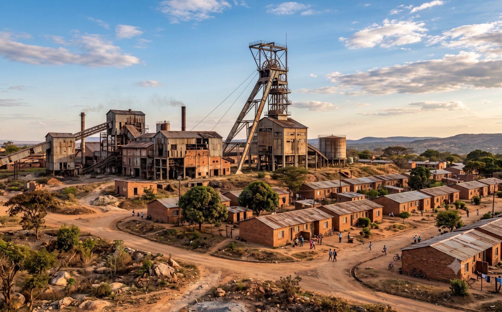 Historische mijnstad in de Copperbelt van Zambia met een oude mijnschacht-toren, verweerde industriële gebouwen en lage arbeiderswoningen