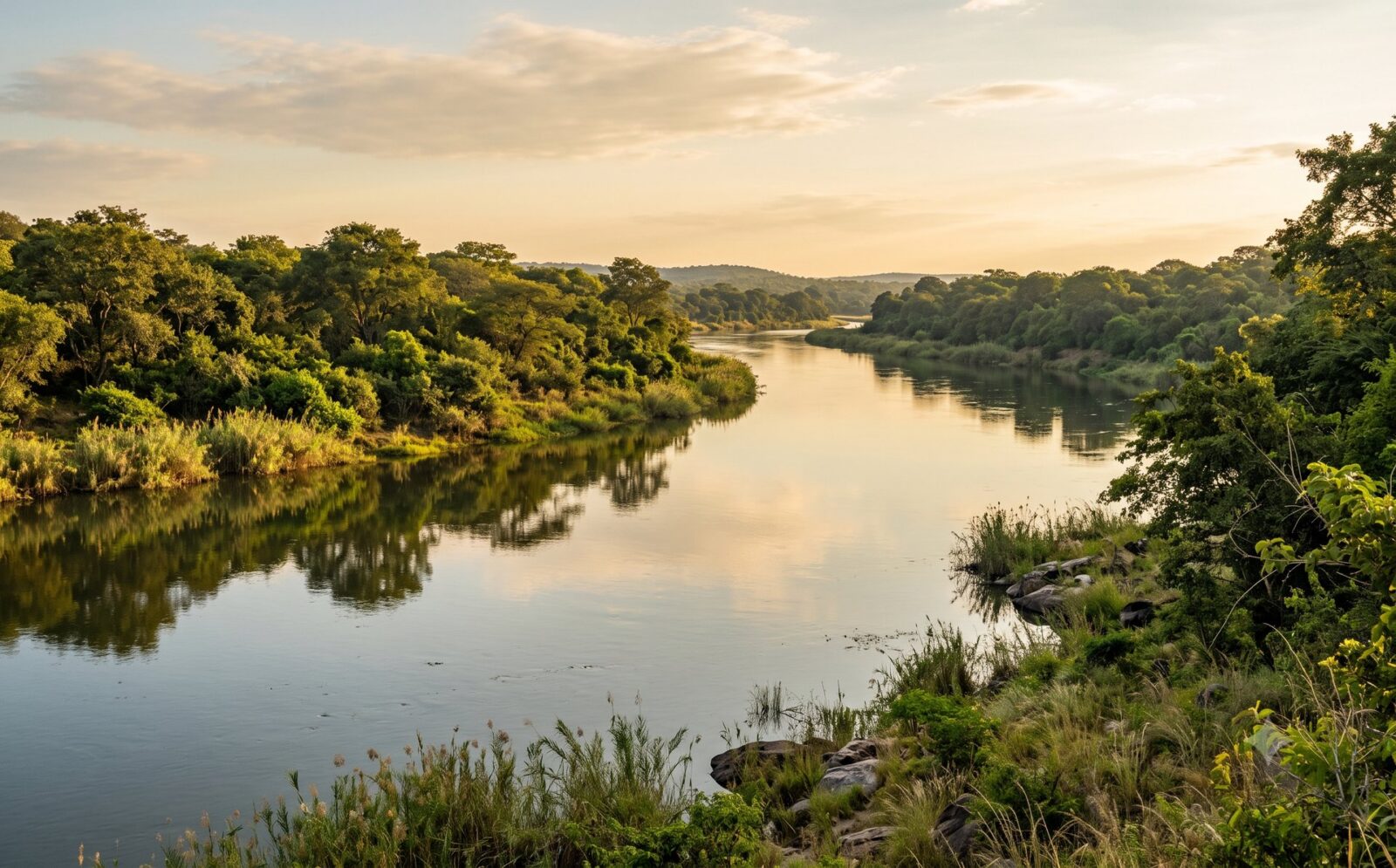 Brede Kafue-rivier die door groen miombo-bos stroomt op het Zambiaanse plateau in gouden ochtendlicht