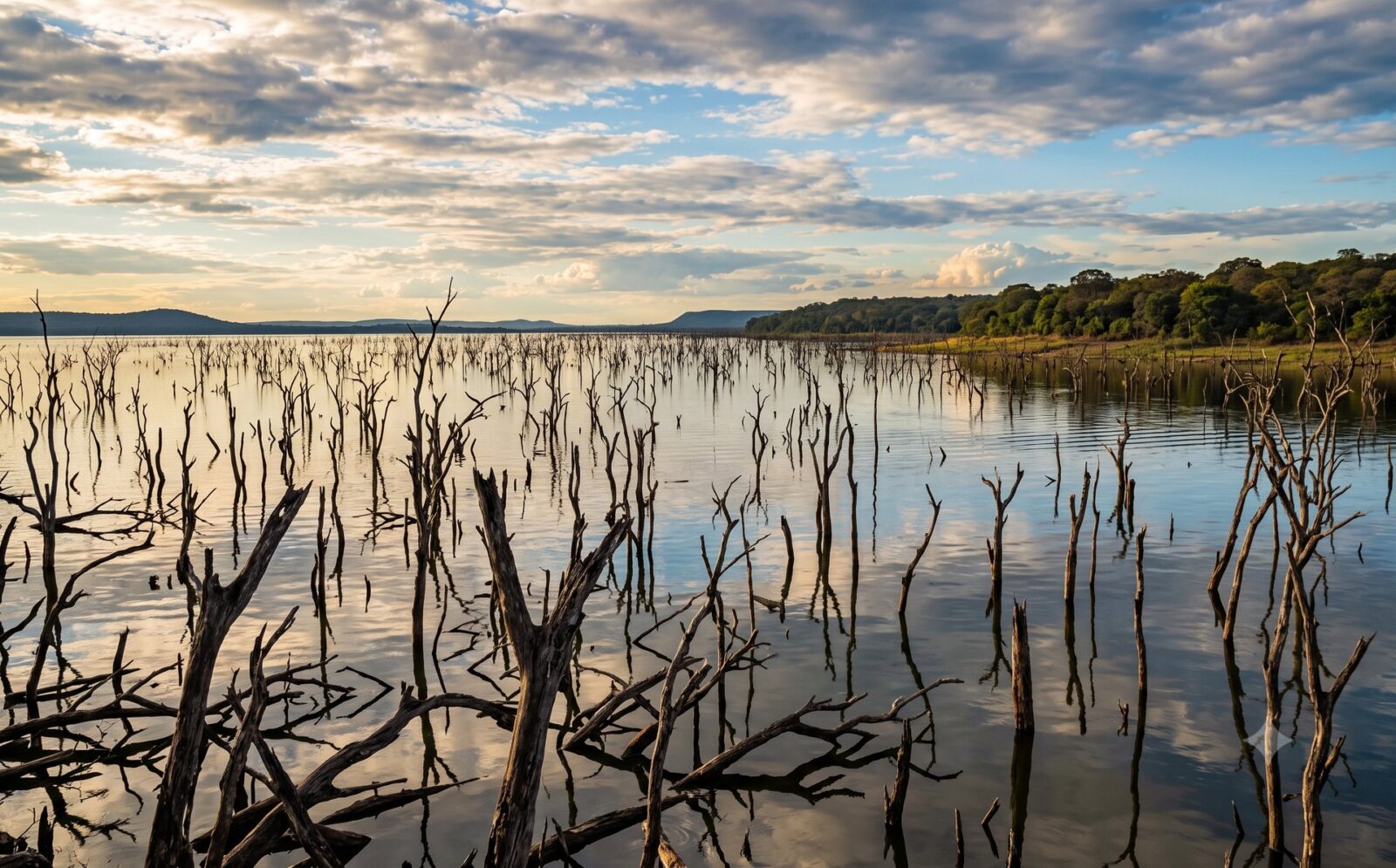 Stuwmeer bij Itezhi-Tezhi in Kafue National Park met duizenden kale dode boomstammen boven het water