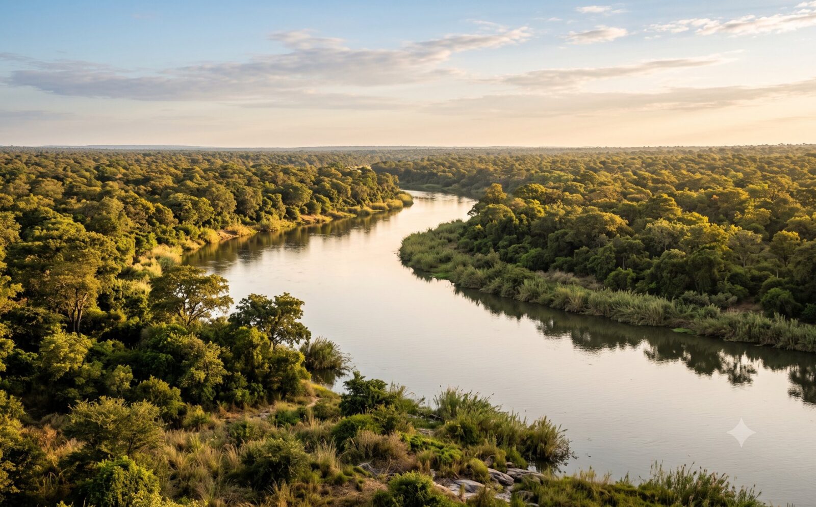 De brede Kafue-rivier stroomt door uitgestrekt dicht miombo-bos in een afgelegen ongerept deel van Kafue National Park