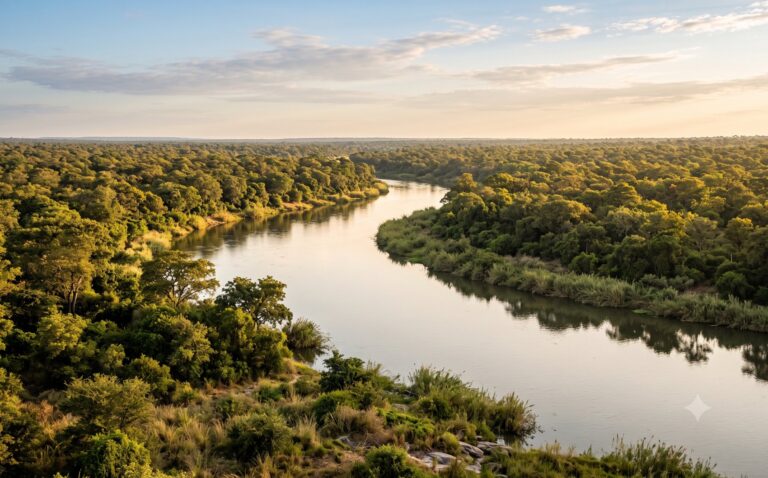 De brede Kafue-rivier stroomt door uitgestrekt dicht miombo-bos in een afgelegen ongerept deel van Kafue National Park