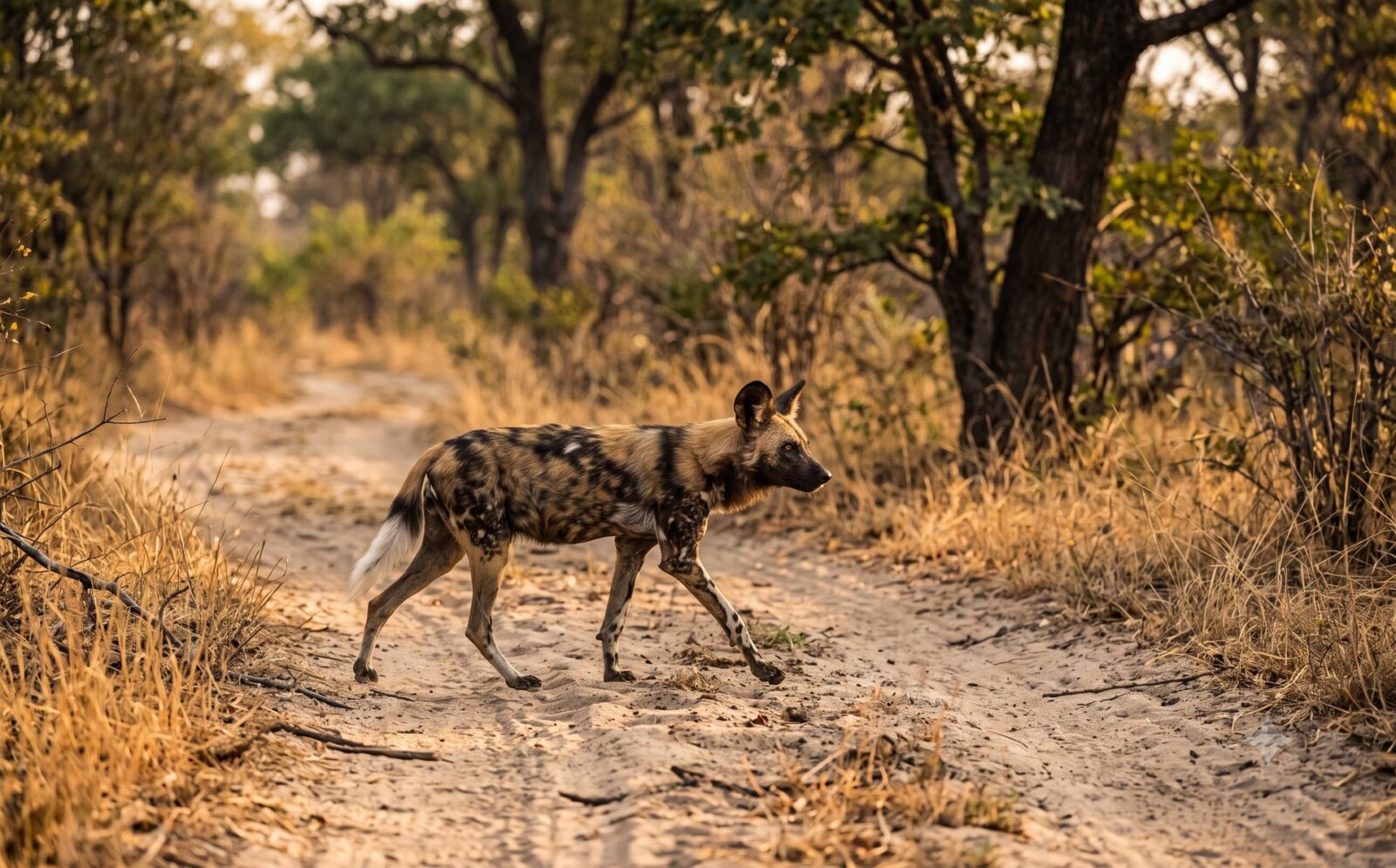 Afrikaanse wilde hond met gevlekte vacht steekt een zanderig bospad over in Kafue National Park