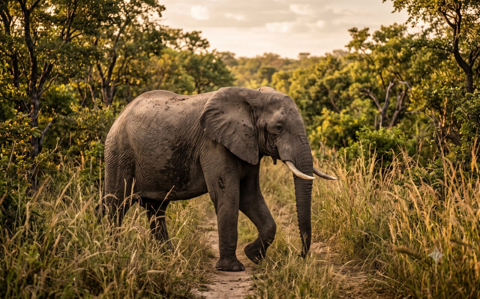 Afrikaanse olifant loopt door dicht groen miombo-bos in het grensoverschrijdende KAZA-natuurgebied in Zambia