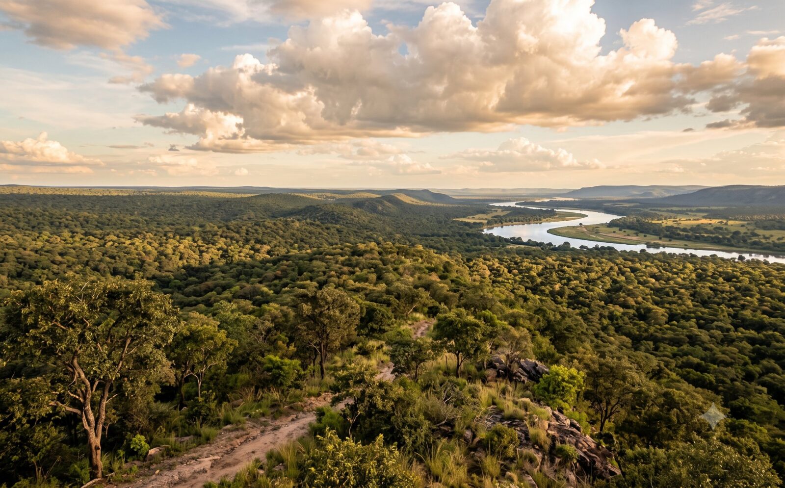 Weids uitzicht over glooiende miombo-bosvlakten op het Zambiaanse plateau die openbreken bij een brede rivier onder stapelwolken