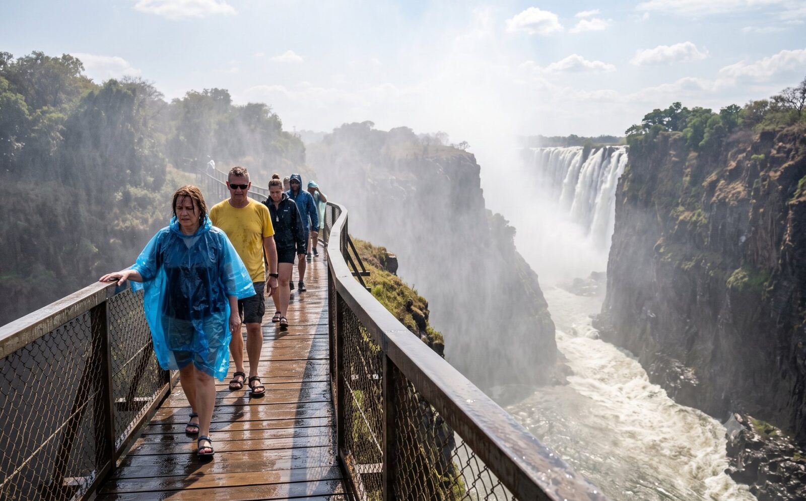 Bezoekers lopen doorweekt over de smalle Knife Edge Bridge langs de Victoria Falls aan de Zambiaanse kant