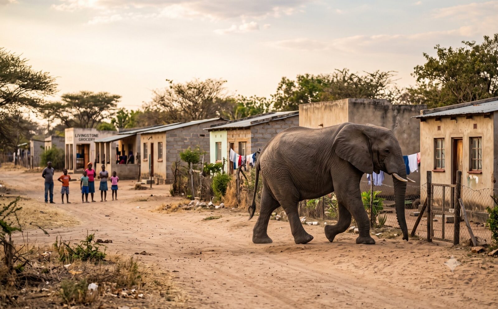 Afrikaanse olifant loopt door een woonstraat aan de rand van Livingstone terwijl bewoners toekijken