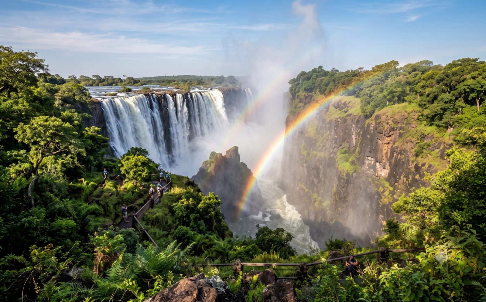 De Victoria Falls vanaf de Zambiaanse kant, waar de Zambezi over de volle breedte de kloof in stort met een nevelwolk en een regenboog