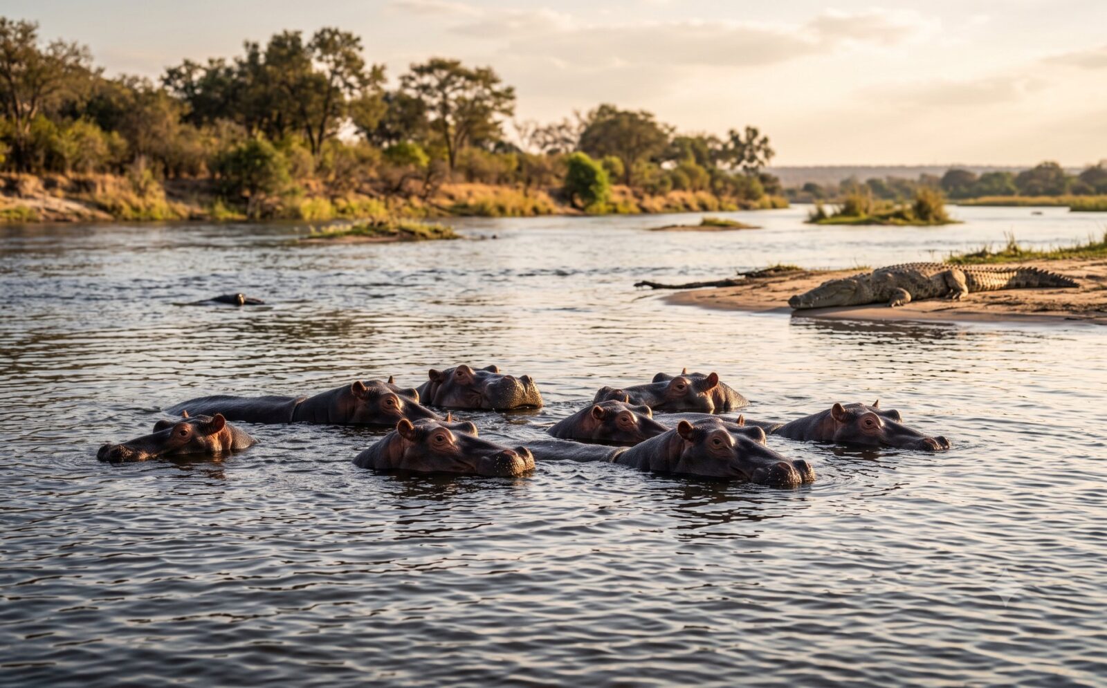 Groep nijlpaarden in de Zambezi met alleen ogen en oren boven water en een krokodil op een zandbank