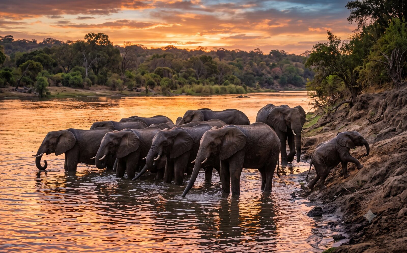 Kudde olifanten staat bij zonsondergang tot hun knieen in de Zambezi met warme oranje weerspiegeling op het water