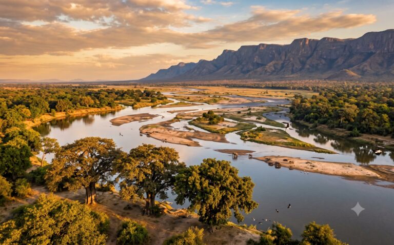 Het brede dal van de Lower Zambezi met de traag stromende rivier, grote bomen langs de oever, zandbanken en de escarpment op de achtergrond