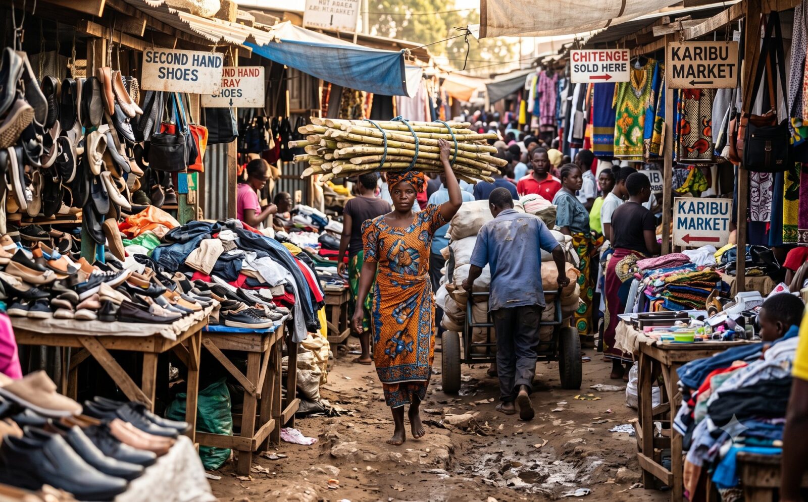 Smalle drukke gang op de Kamwala Market in Lusaka met kraampjes vol kleding en een vrouw met suikerriet op haar hoofd