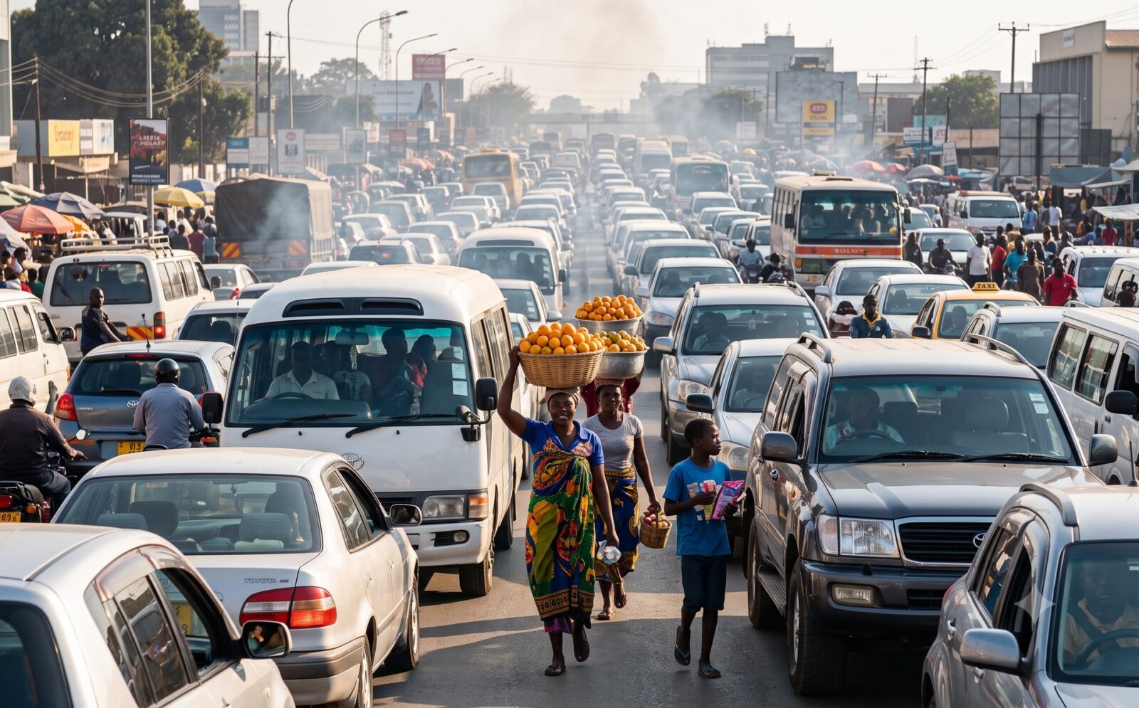 Straatverkopers met sinaasappels tussen vastgelopen autos in het spitsuur van Lusaka